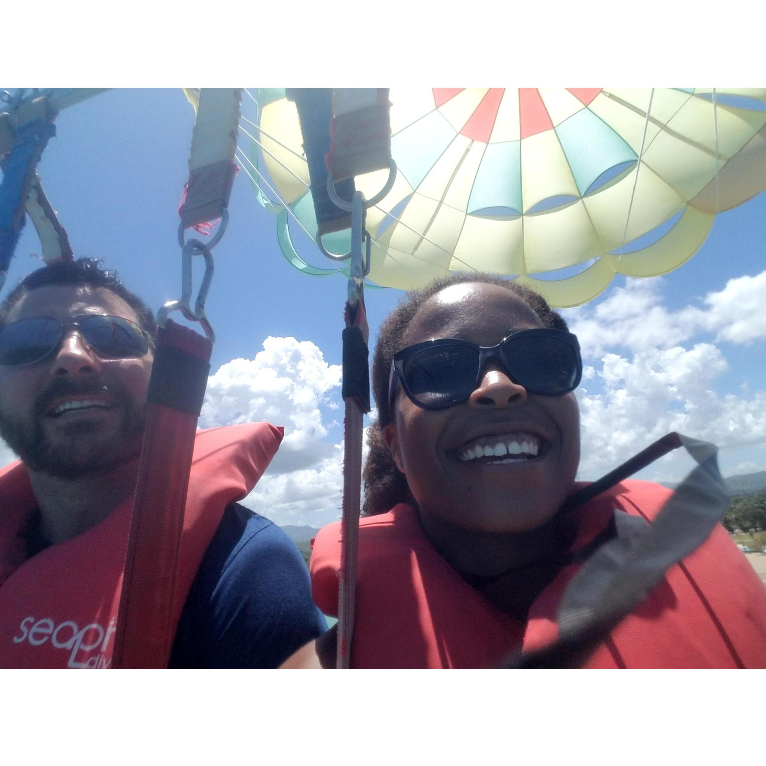 And we're parasailing, with the beautiful beach below us!