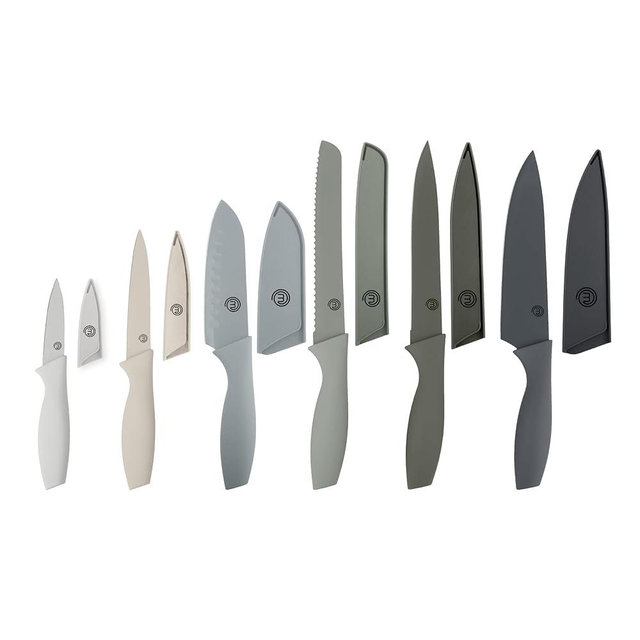 MasterChef Kitchen Knife Set with Covers, 6 Professional Chef Knives for Home Kitchens, Extra Sharp Cutting Stainless Steel Blades & Protective Sheaths, Soft-Touch Easy-Grip Handles, Earth Greys