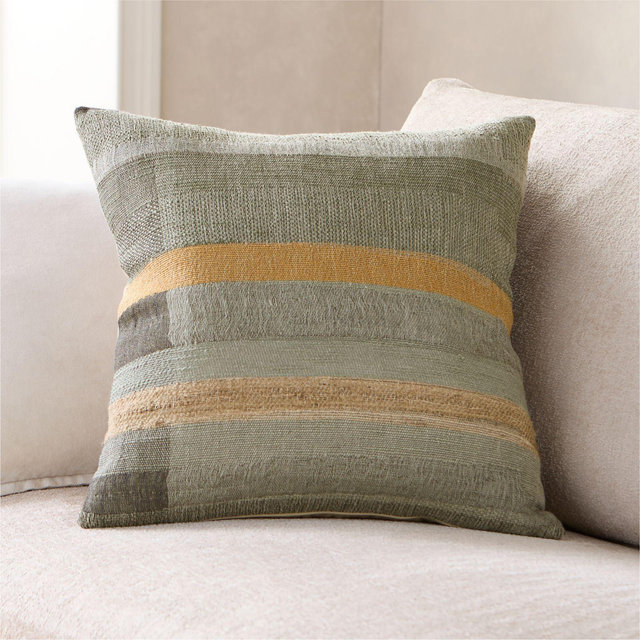 Aria Organic Cotton, Linen and Silk Blend 20"x20" Shadow Sage Green Multi Throw Pillow with Feather Insert