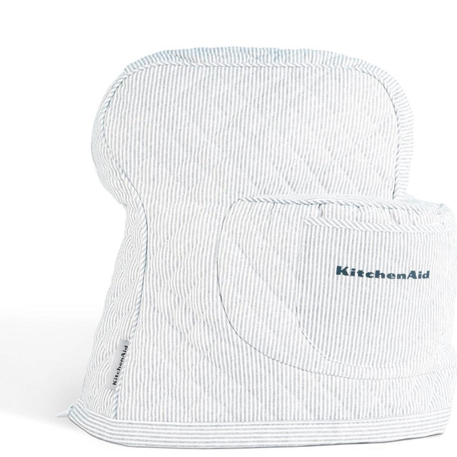 KITCHENAID Fitted Tilt-Head Stand Mixer Cover with Storage Pocket, Quilted 100% Cotton,14.4"x18"x10", Ticking Stripe Ink Blue
