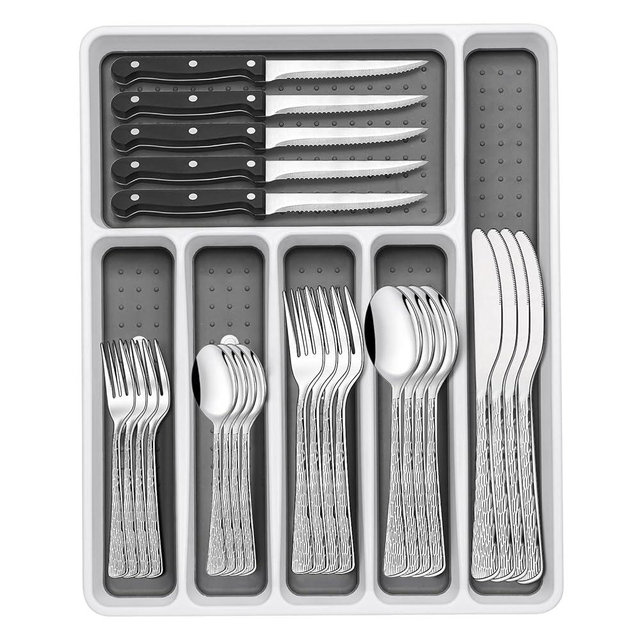 49-Piece Silverware Set with Organizer, Stainless Steel Tree Pattern Flatware for 8, Cutlery Utensil Sets with Steak Knives, Rust-proof, Mirror Polished, Dishwasher Safe