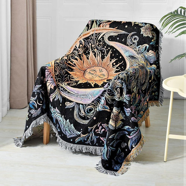 Shesyuki Boho Throw Blanket Reversible Cotton Bohemian Tapestry Hippie Room Decor Outdoor Blanket Double Sided (Boho Sun Black 50"x60")