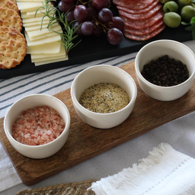 Wood + Stoneware Dip Bowls Serving Set