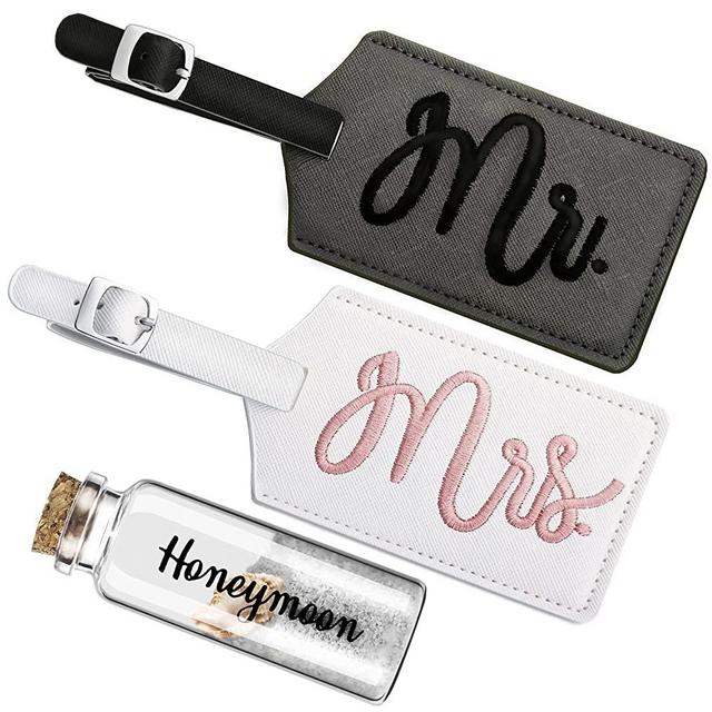 Honeymoon Sand Keepsake Jar Glass Bottles with Cork and 2 Pieces Bridal Luggage Tags Wedding Luggage Tags Mr and Mrs Travel Tag for Honeymoon Bridal Shower