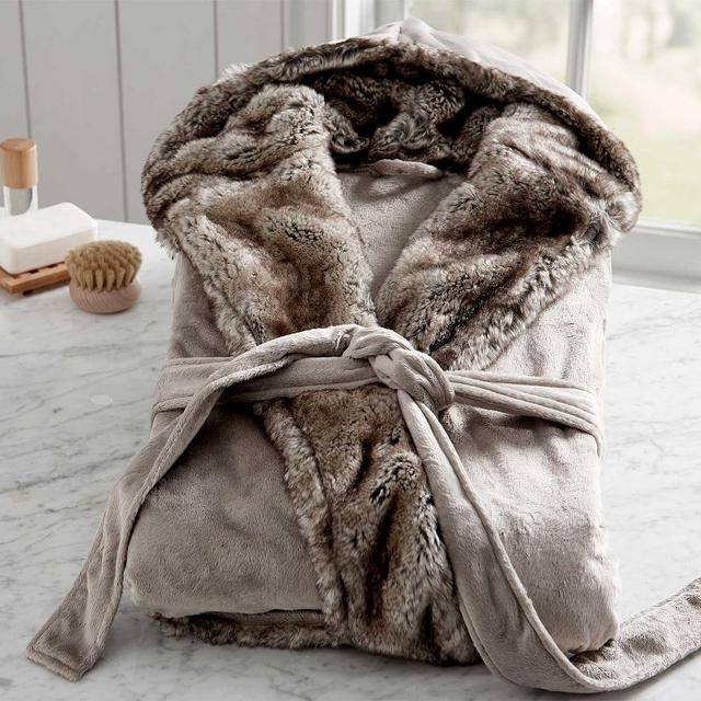 Ombre Tipped Faux Fur Robe, Small, Gray/Caramel