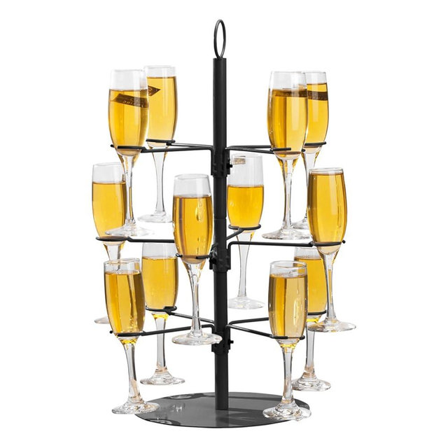 Champagne Tower Cocktail Tree Stand, 3 Tier - 12 Holders - Wine Glass Display For Drinks, Cocktails, Martini, Margarita Cups at Weddings, Bridal Shower (Black)