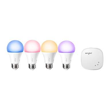 Sengled Smart LED Multicolor A19 Starter Kit, 60W Equivalent, 4 Smart Light Bulbs & Hub, RGBW Color and Tunable White 2000-6500K, Works with Alexa & Google Assistant