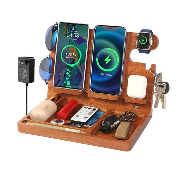 JuncaiTech Nightstand Organizer with 4 Wireless Charger for 2 iPhone/Android Phone,Apple Watch,Airpod,Wood Phone Docking Station,27W Fast Wireless Charging Station,Wallet/Key Holder,Gifts for Dad/Men