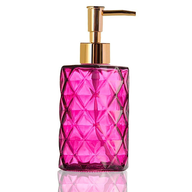 Glass Soap Dispenser,Crystal Refillable Wash Hand Liquid Clear Glass Bottle with Pump for Essential Oils, Lotions, Liquid Soaps,Dish Detergent(12 OZ Rose)