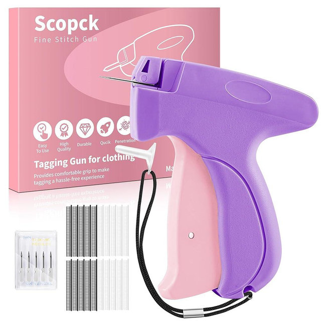 Stitchy Gun for Clothes - Handheld Stitch Gun Quick Clothing Fixer - Mini Sewing Micro Tagging Gun - Includes 6 Needle, 1000 Black Fasteners & 1000 White Fasteners (Purple)