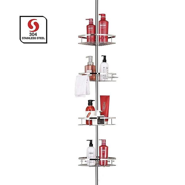 SeiriOne Bathroom Shelf, Tension Shower Pole Corner Caddy, Rustproof 304 Stainless Steel, 4 Tier Adjustable Baskets, Height Adjustable 4.7 to 9.3ft