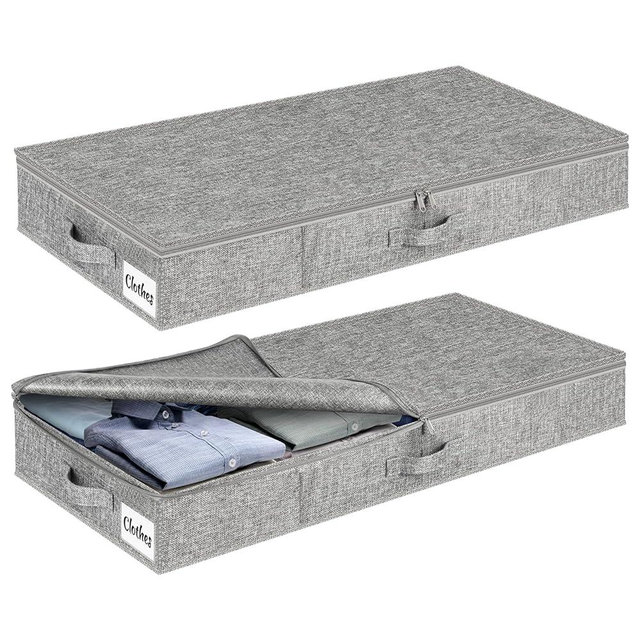 Under Bed Storage Container Bins 2 Pack, 4.5 Inch Slim Low Profile Underbed Clothes Storage Organizer for Dorm & Home, Use for Blanket and Toy Storage Box W/ Sturdy Bottom/Sides, Foldable Thick Fabric