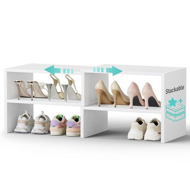 IGERI White Shoe Shelves for Closet - Floor Organizer Shelf Small Shoes Storage Stackable Wood Rack Low Wooden 24-30 Inch