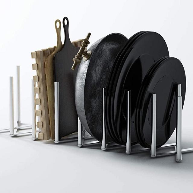 Brightmaison Kitchen Pot Lid Organizer Holder - Adjustable Length Stainless Steel - Pan Plate Bakeware Cook Book Holder - Accordion Style Cabinet Rack Organizer Display, 8 sectional