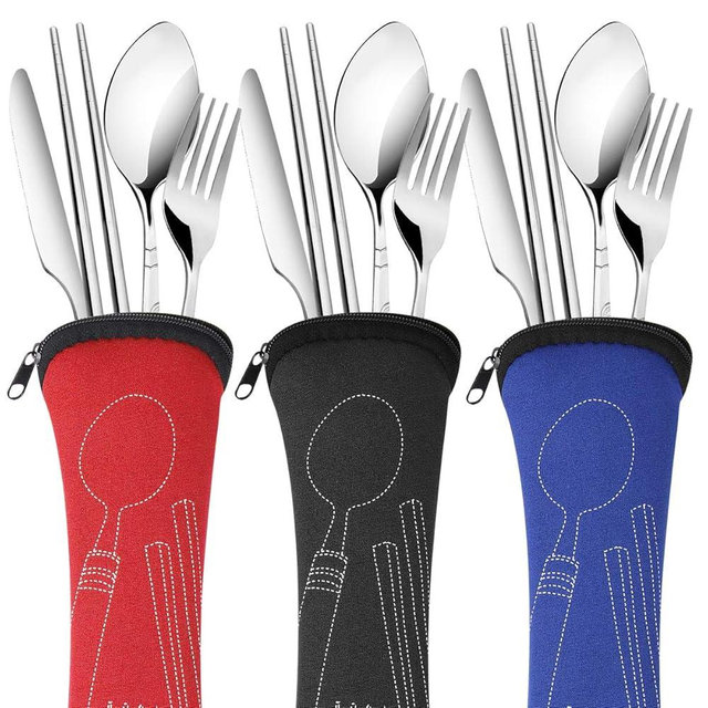 Arroyner 3 Pack Reusable Flatware Sets Knife, Fork, Spoon, Chopsticks, 12Pcs Portable Travel Stainless Steel Tableware Dinnerware with Carrying Case
