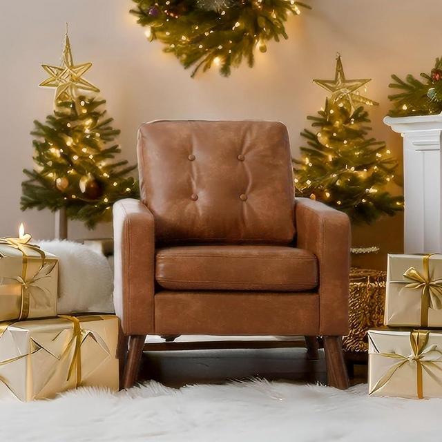 HNY Mid Century Modern Armchair, Button Tufted Faux Leather Accent Chair with Arm, Upholstered Club Chair for Living Room, Caramel