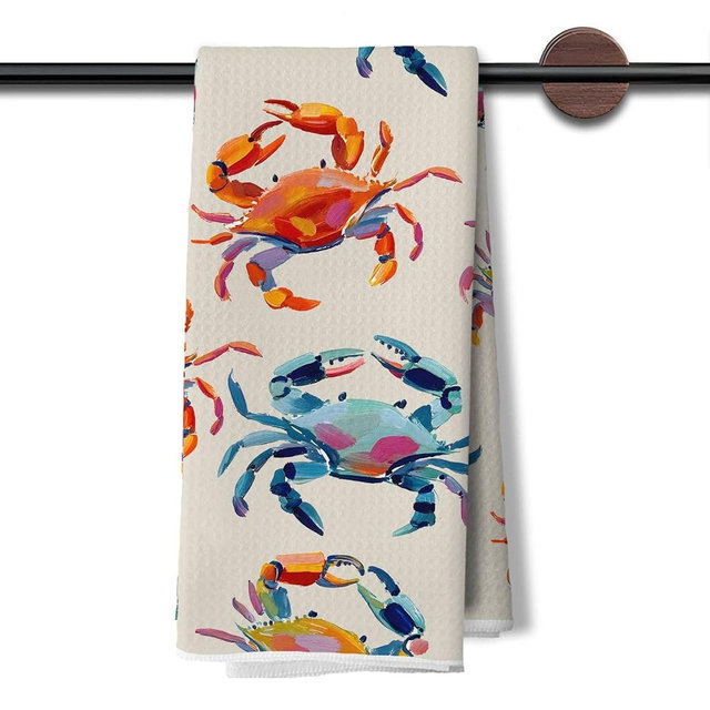 DAYOUER Coastal Beach Crab Kitchen Dish Towels, Beach Lover Gifts, Summer Ocean Nautical Pastel Colorful Crab Decorative Hand Tea Towels for Bathroom Kitchen, 16x24 Inches