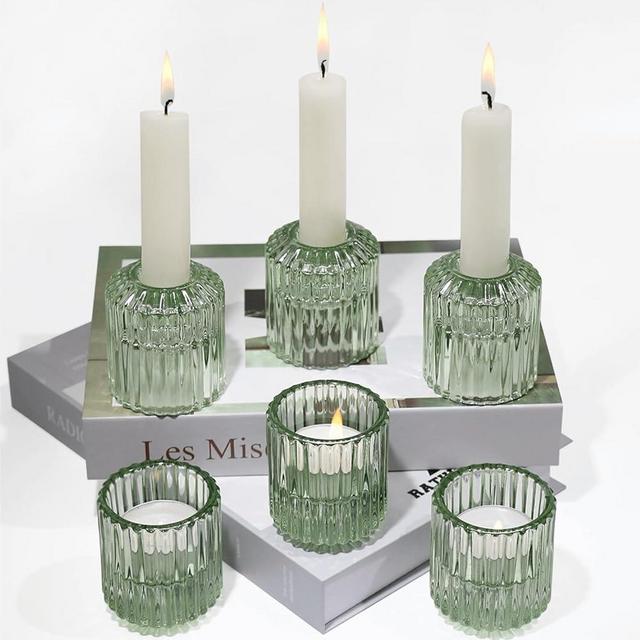 CHOCSTAY Tea Light Candle Holders Set of 6,Glass Votive Candle Holders Taper Candlestick Holders for Home Decor,Table Centerpiece,Thanksgiving,Christmas,Green