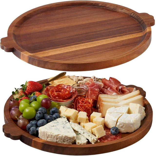 Charcuterie Boards | Acacia Wood Serving Tray with Handles 13'' | Round Decorative Ottoman Coffee Table Tray | Large Wooden Cheese Board Serving Platter for Party Supplies