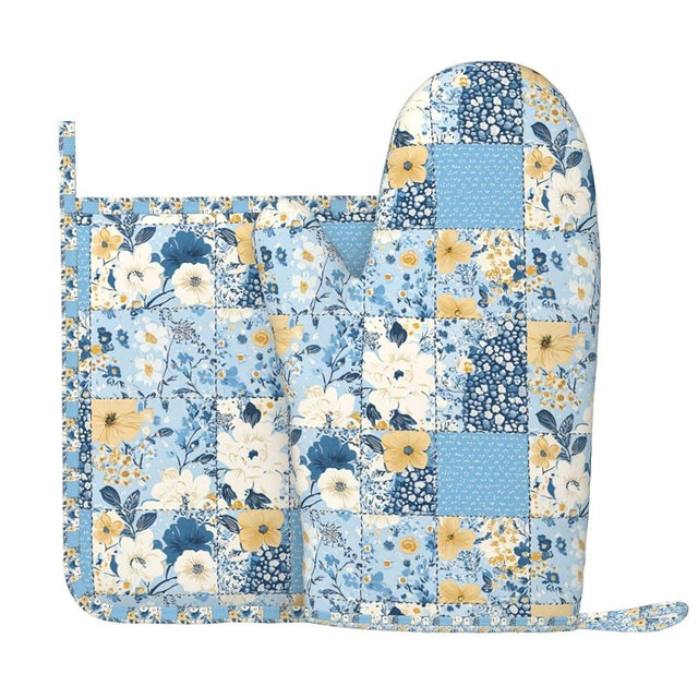 Oven Mitts and Pot Holders Floral Blue Pastel Vintage Silicone Kitchen Accessories Set of 2 Heat Resistant Long Gloves Potholder Non-Slip Grip for Chef Cooking,Baking,Grilling,BBQ