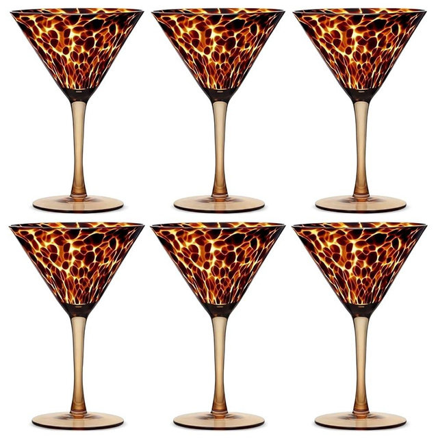Honeydak Set of 6 Set of 4 Tortoise Leopard Print Brown Rocks Glasses Stylish Stemless Cocktail Cups Glass Glassware Tumbler Ideal for Gin, Tequila, Vodka, Soft Drinks (Martini Glass,7oz)
