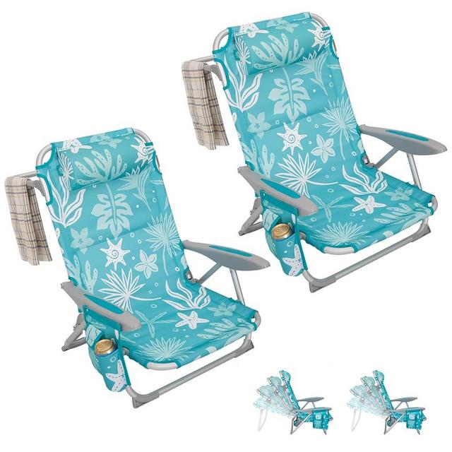 #WEJOY Folding Beach Chair for Adults, 4-Position Aluminum Lightweight Beach Chair, Low Beach Chairs with Shoulder Strap, Cup Holder Padded Headrest, Supports 265lbs for Lawn, Cyan/White (2Pack)