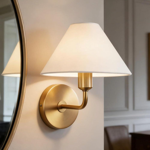 9 Inch Vintage Conical Linen Bedroom Sconce, Elegant Glow Reading Light, Fabric Wall Sconce for Living Room, Bedroom, Hardwired, Bedside Nightstand Light (Brass)