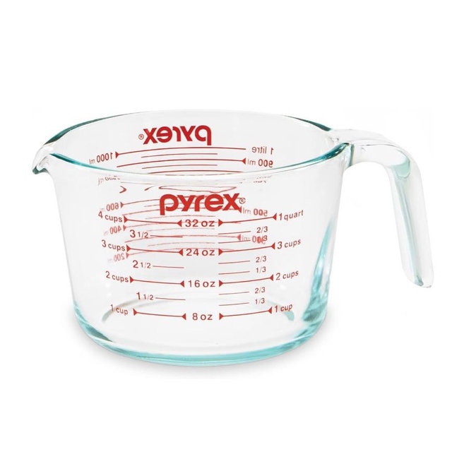 Pyrex 4-Cup Glass Measuring Cup For Baking and Cooking, Dishwasher, Freezer, Microwave, and Preheated Oven Safe, Essential Kitchen Tools