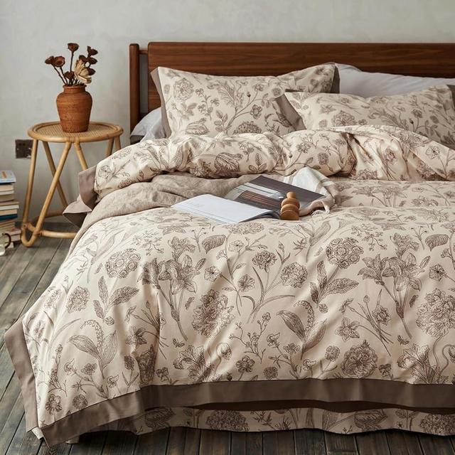 TodaFre 100% Cotton Brown Floral Duvet Cover Queen Size, 3 Piece Breathable Vintage Duvet Cover Set - 1 Botanical Duvet Cover 90x90 Inches with Zipper Closure and 2 Pillowcases
