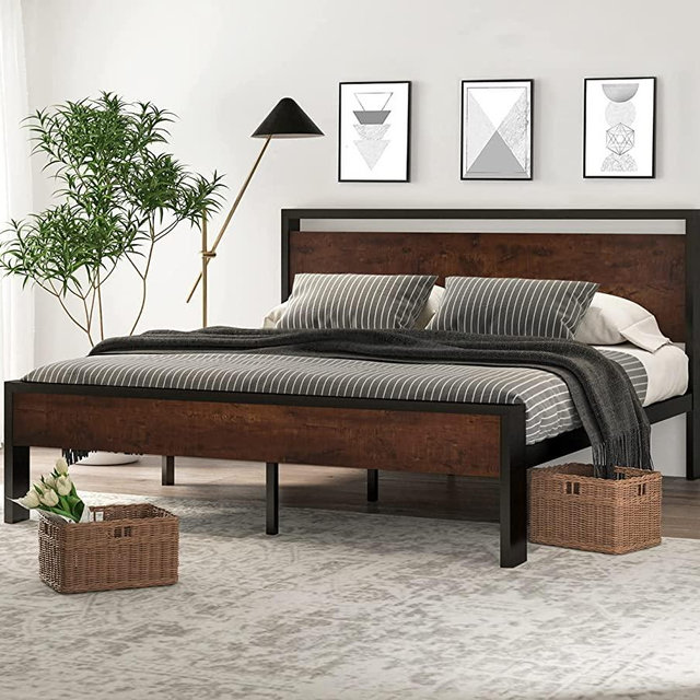 SHA CERLIN 14 Inch King Size Metal Platform Bed Frame with Wooden Headboard and Footboard, Mattress Foundation/No Box Spring Needed, Large Under Bed Storage, Non-Slip Without Noise, Modern Mahogany