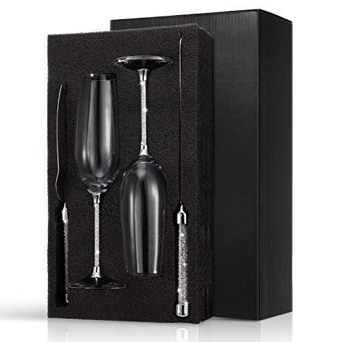 Boao 4 Piece Wedding Toasting Flutes and Cake Server Set Wedding Reception Supplies Including 2 Champagne Glasses, 1 Cake Knife and 1 Pie Server