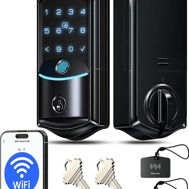 Veise VE027 Built-in Wi-Fi Smart Lock, Fingerprint Keyless Entry Front Door Lock, App Remote & Voice Control, No Hub Needed, Touchscreen Keypad Deadbolt, IP65 Waterproof, BHMA Grade 3, Matte Black