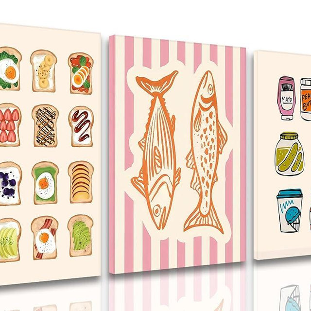 Cute Funny Kitchen Wall Art Set of 3, Fashion Breakfast Food Avocado Toast Canvas Prints Poster, Vintage Simple Sardines Watercolor Picture for Dining Room Kids Room Wall Decor 16x24 Inch Framed