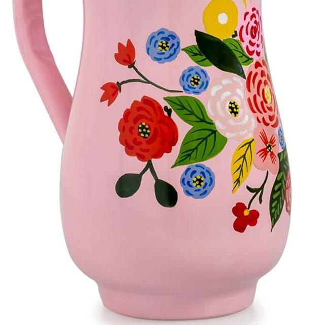 Hand Painted Stainless Steel Water Pitcher - Large Metal Water Jug, for Cold Drinks, Floral Design Beverage Carafe for Entertaining & Home Decor. 8” height, 1 Quart Decorative Vase. (Pink)