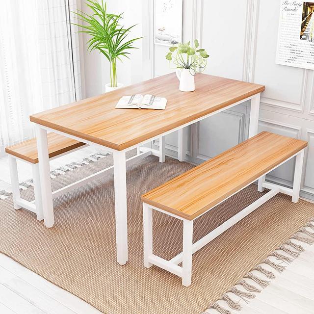 Recaceik 3-Piece Dining Table Set for 4, 43 Inch Dining Room Table Set Kitchen Table Set with 2 Benches, Space-Saving Dinette Table Breakfast Table for Kitchen, Dining Room, Walnut