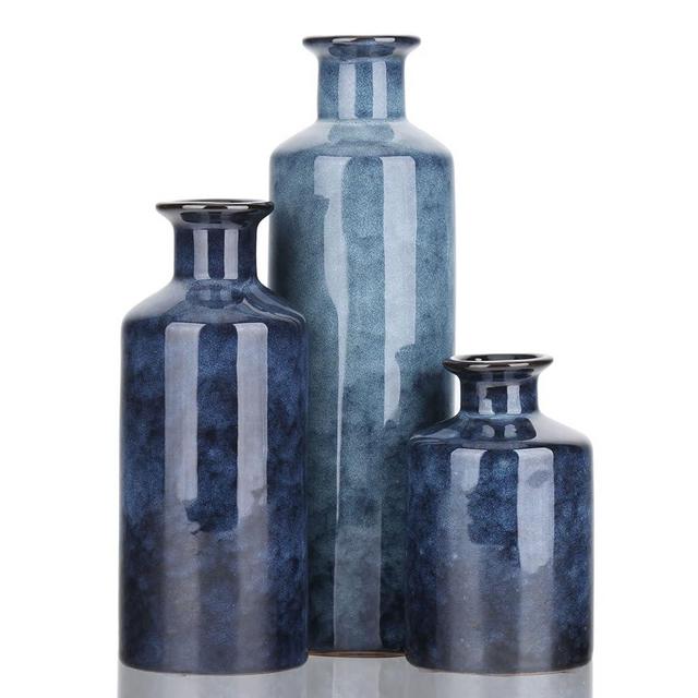 Blue Ceramic Vases Set - 3 Waterproof Blue Small Vase, Farmhouse Country Blue Vases Home Decor, Living Room Decoration, Table Decoration, Fireplace Decor, and Entrance Decoration Centerpieces