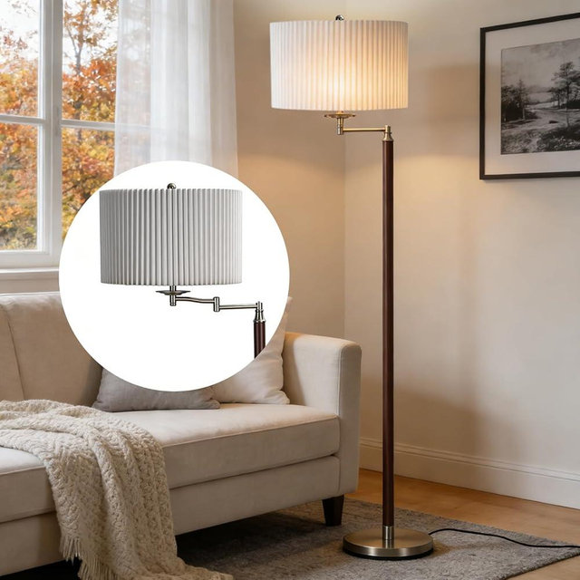 MITELSON Traditional 350° Adjustable Swing Arm Farmhouse Floor Lamp for Bedroom, Modern Floor Lamps with Pleated Shade for Living Room, Rustic Standing Lamp Pole Lamps for Reading and Office