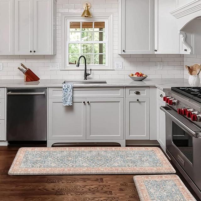 KIMODE Anti Fatigue Farmhouse Kitchen Rugs sets of 2,17"x59"+17"x29",Cushioned Vintage Kitchen Mats Non Slip Waterproof,Comfort Standing Mat for Sink,Desk,Laundry,Office,Orange/Blue