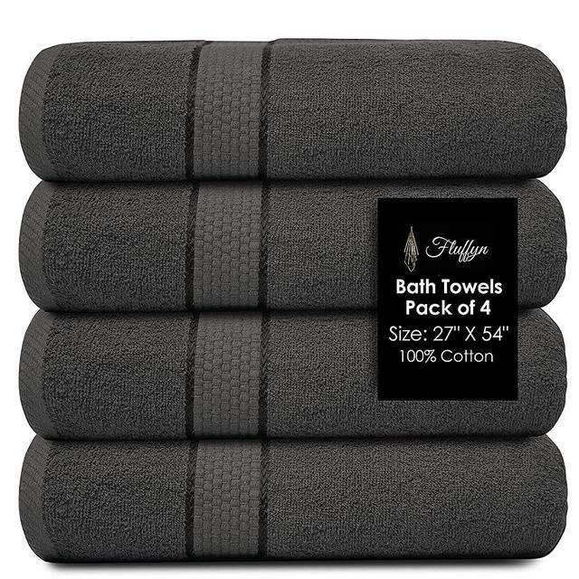Fluffyn 100% Cotton Fancy Bath Towels -Towels for Bathroom - Eco-Friendly, Super Soft, Highly Absorbent Bath Towels - Oeko-Tex Certified - 27" x 54" Inches (Grey, Bath Towels Set of 4)