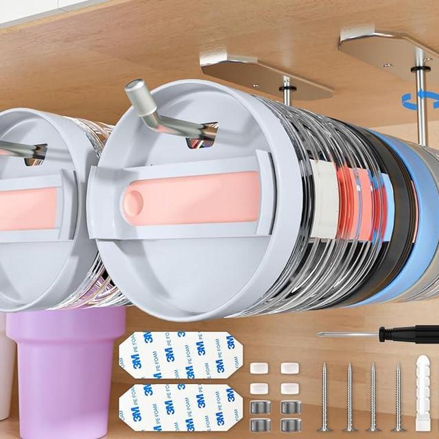 2 Pack Upgraded Tumbler Lid Organizer, 8.5" Adjustable Swivel Hook for Yeti Tumbler/Stanley Tumbler/Owala Tumbler Lid, Self-Adhesive or Drilling Tumbler Lid Hook for Kitchen Organizers and Storage