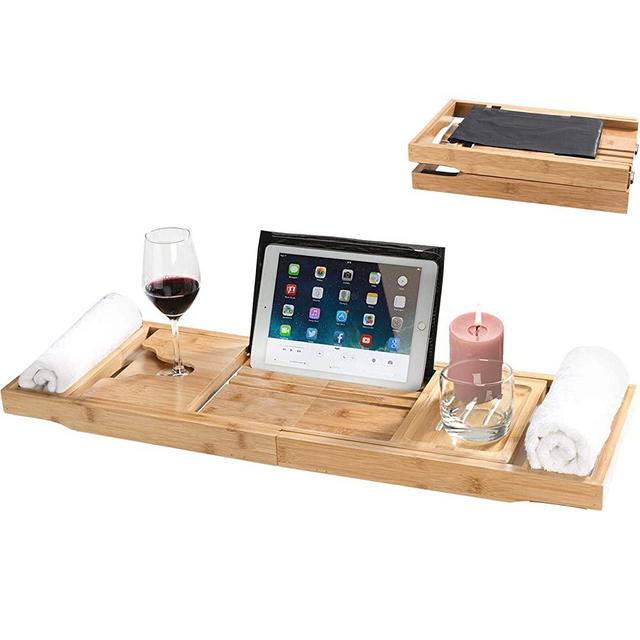 AmazerBath Bathtub Tray Premium Bamboo Foldable Bathtub Caddy Expandable Bath Trays with Wine and Book Holder for Bathroom