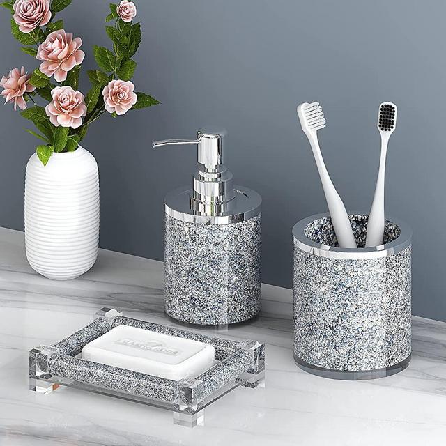 SHYFOY Bathroom Accessories Set, 3 Piece Silver Crystal Diamond Bathroom Accessory Decor Sets, Glass Bath Restroom Set Vanity Organizer Includes Soap Dispenser, Toothbrush Holder, Soap Dish