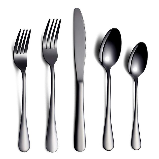 Black Flatware Set 20 Piece Service for 4, Black Titanium Plated Stainless Steel Silverware set Service for 4 (Shiny, Black)