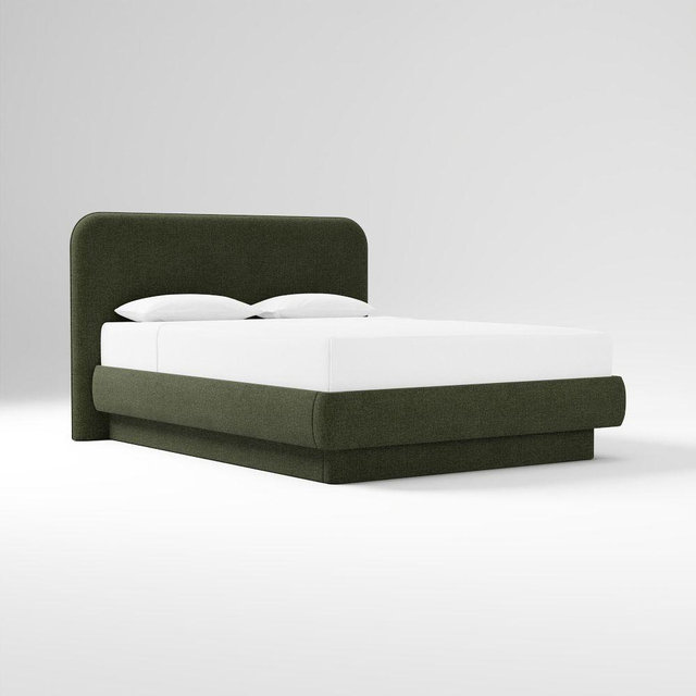 Emma Chamberlain Upholstered Platform Bed, Performance Distressed Velvet Tarragon, Queen