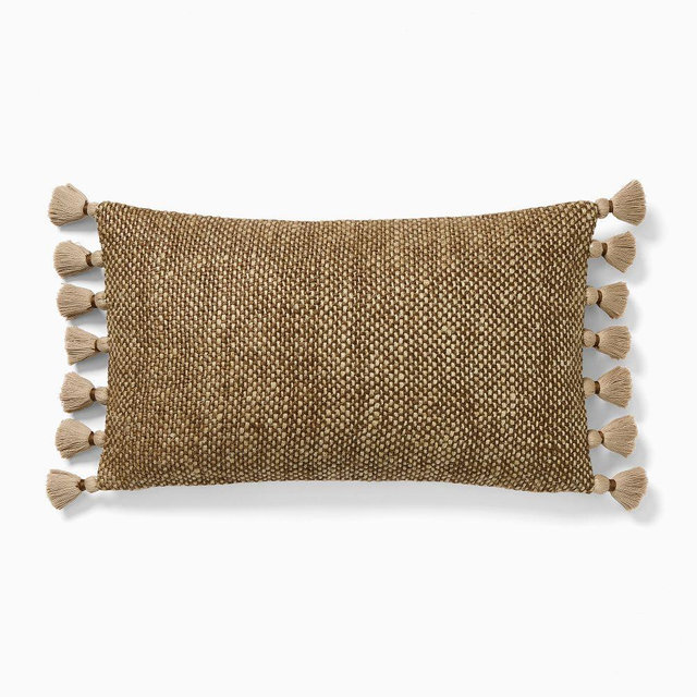 Two Tone Chunky Linen Tassels Pillow Cover, 12x21, Cognac