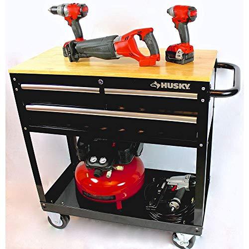 Husky 36 in. 3-Drawer Rolling Tool Cart with Wood Top, Black