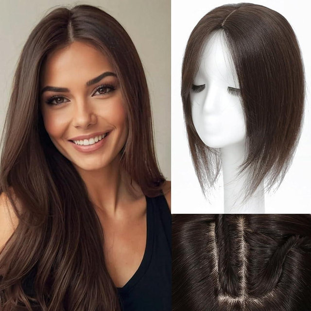 Rootoo Hair Toppers for Women Real Human Hair, 14 Inch Realistic Biological Scalp Topper Hair Pieces for Women with Thinning Crown with Middle Part Clip in Bangs Big Base 360° Cover (Dark Brown)