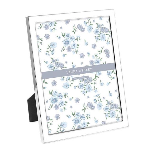 Laura Ashley 8x10 White Enamel Picture Frame, Silver Metal Edge with Easel, for Countertop, Counterspace, Tabletop Display, Bookshelf, Desk, Wall Décor, Photo Gallery