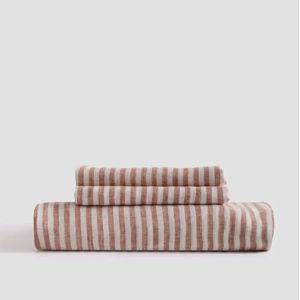 European Linen Fitted Sheet Set in Terracotta/white Stripe