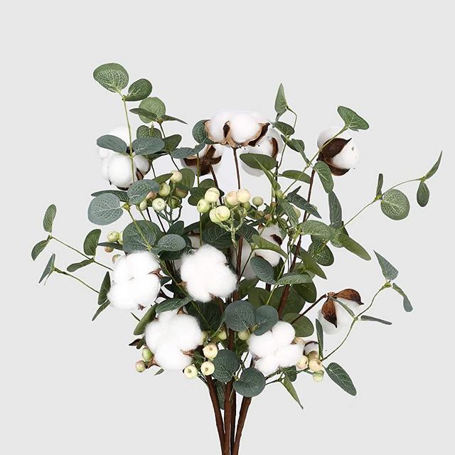 6 Pack Cotton Stems, 3 Cotton Heads with 2 Clusters of Berries and Eucalyptus Leaves for Home Farmhouse Decor and Vase Fillers-24 inches Tall